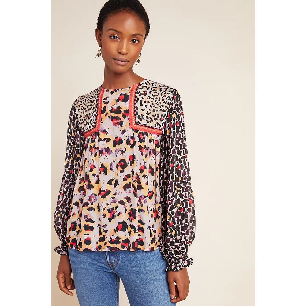ANTHROPOLOGIE BL-NK LONDON sz S Joelle Leopard Peasant Blouse EUC